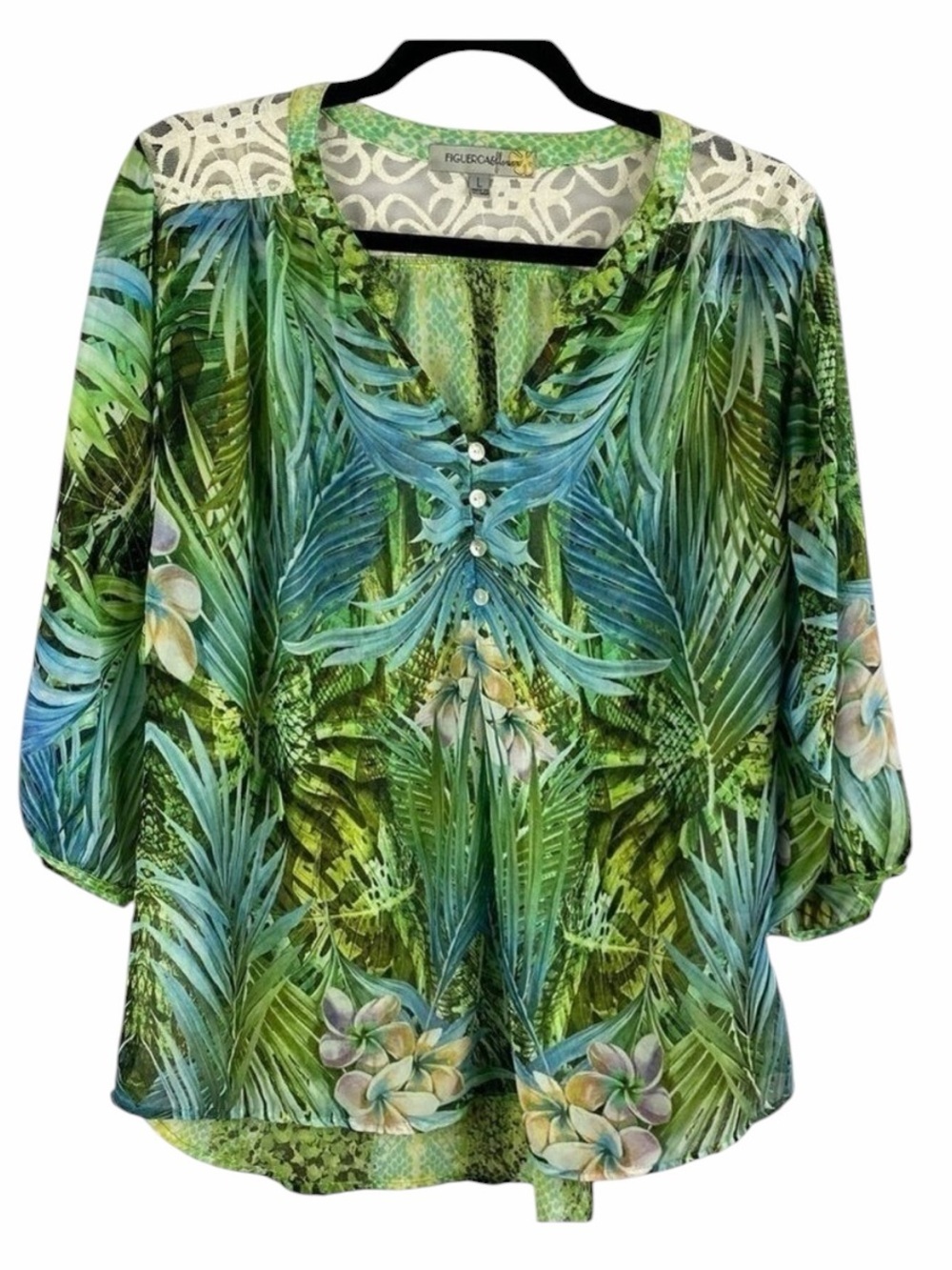 ✨3/$20✨ Figueroa & Flower Floral Leaf Lace Detail Semi Sheer Blouse Large